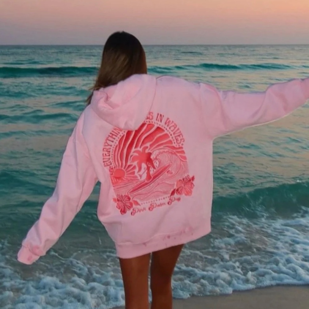 Pink Palm Puff “Everything Comes in Waves" Hoodie in Pink, Size XXS, New!
